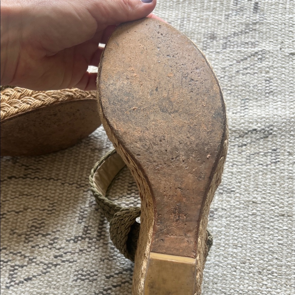 Stuart Weitzman Taupe Woven Ankle-Strap Wedge Sandals - Picture 9 of 16